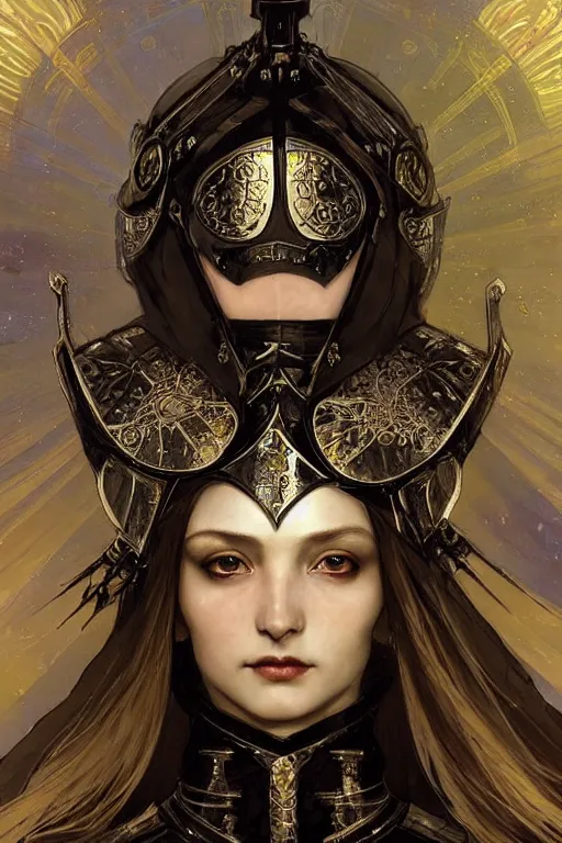 Prompt: beautiful luxury and goddess and victorian and holy female medieval Black armor knight portrait+shiny eyes+front face with light flowing hair, ultradetail face, ruined gothic cathedral, art and illustration by tian zi and craig mullins and WLOP and alphonse mucha, ssci-fi, fantasy, intricate complexity, human structure, hypermaximalist, fantasy character concept, dynamic lighting, neon light, watermark, blurry, hyperrealism 8k