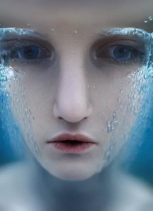 Prompt: extreme closeup portrait of a beautiful woman half submerged in water, horrified look in his eyes, dirt helmet, water reflection, sigma 85mm, highly detailed, soft lighting, elegant,sigma 85mm, Edward Hopper and James Gilleard, Zdzislaw Beksinski, Steven Outram, highly detailed