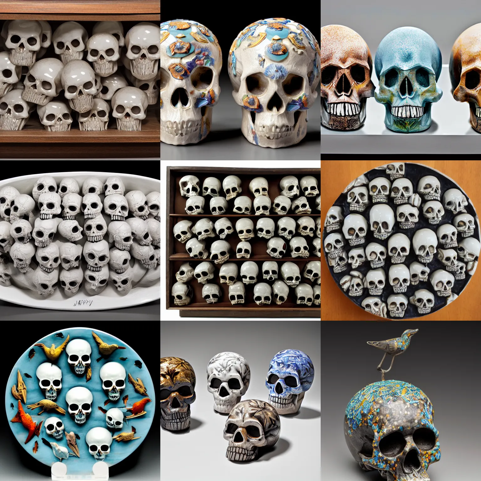 Prompt: The Midjourney Multiverse, skulls, bird, color, glossy, highly detailed carving on southern ice porcelain, partially glazed, woodfired, art gallery