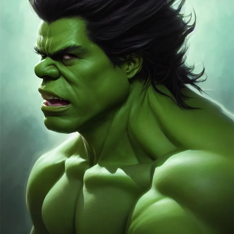 Image similar to portrait of gender neutral hulk, black hair, green eyes, elegant, real life skin, intricate artwork, high detailed, artstation, concept art, smooth, sharp focus, art by artgerm and greg rutkowski @ ruprechy