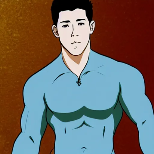 Image similar to still of nick jonas with a very muscular!!!!! body type, anime art, anime style