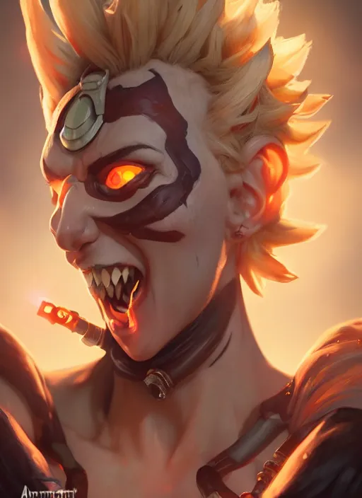 Prompt: character portrait of a fusion of Junkrat from Overwatch and Mercy from Overwatch by ArtGerm and Tom Bagshaw, 4k, highly detailed, cinematic lighting, characters merged
