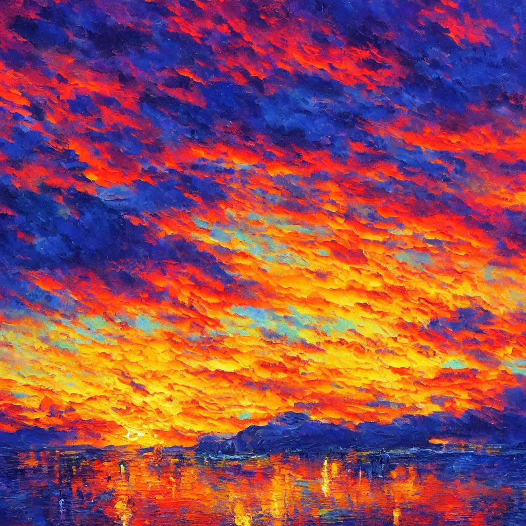 Image similar to an impasto oil painting of a stunning, colorful sunset painted by ken hong leung