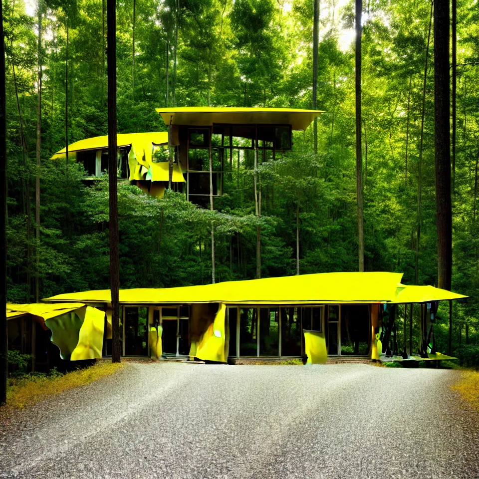 Prompt: a gravel road leading to a mid-century modern house with large windows in a forest, designed by Frank Gehry. Big tiles. Film grain, cinematic, yellow hue