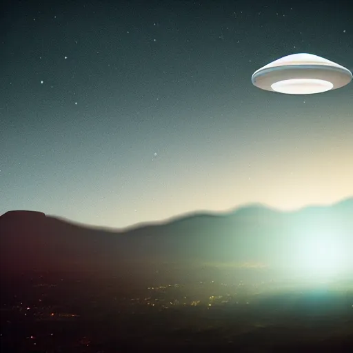 Image similar to UFO over a small mountain town, realistic, night, dramatic lighting,