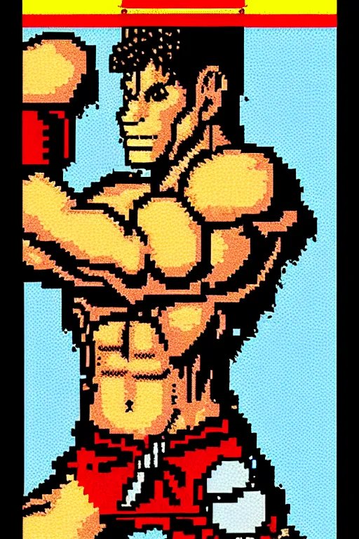 Prompt: extreme long shot. 8 bit nes graphics. hermann nitschantropomorphic muscular masculine wolf. kickboxer fighter, in shorts. wolf head. art from nes game cartridge,