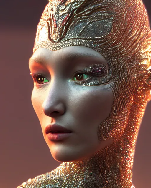 Image similar to a highly detailed metahuman 4 k close up render of an alien goddess bella hadid as alien in iris van herpen dress schiaparelli in diamonds crystals swarovski and jewelry iridescent in style of alphonse mucha gustav klimt trending on artstation made in unreal engine 4