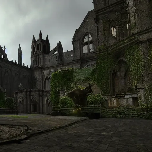 Prompt: imposing abbey, realistic, highly detailed, hd, unreal engine, by guillermo del toro + hideo kojima
