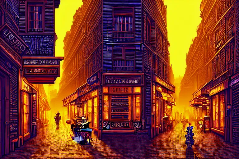 Image similar to a city street in paris under the dark sun, beautiful detailed pixelart by albertov, intricate details, beautiful, dithered gradients, volumetric lighting, cgsociety, artstation, smooth, sharp focus, 2 d illustration, amazing art by dan mumford