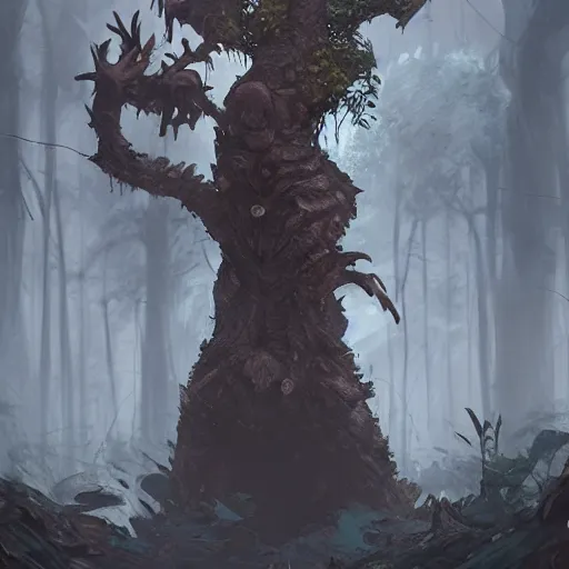 Image similar to a rat creature, in the shape of a tree, in a corrupted forest, by greg rutkowski, trending on art station, highly detailed, magic the gathering, matte painting