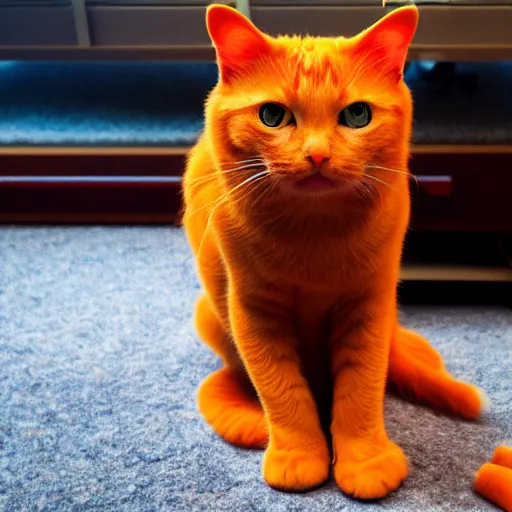 Image similar to an orange cat staring at a drawer ~ on fire ~ fire ~ high - resolution photo ~