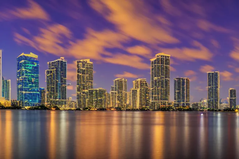 Image similar to beautiful nighttime landscape photography of Miami Florida skyline with a crystal blue ocean water, serene, dramatic lighting.