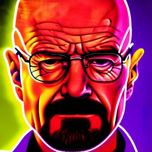 Prompt: Walter White portrait high quality photograph 4k Breaking Bad Bryan Cranston Walter White, retrofuturistic cyberpunk robot Walter White metallic Heisenberg colorful neon lights