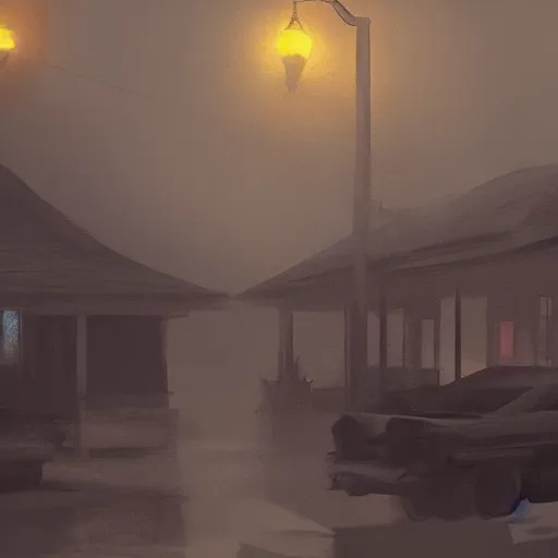 Prompt: a shady two story motel, fog, by craig mullins and raphael lacoste, cinematic and dramatic lighting, zoomed out