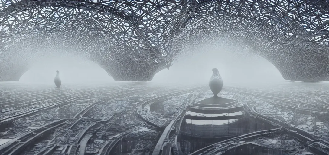 Image similar to a complex organic fractal 3 d metallic symbiotic ceramic duck shaped megastructure in a train station, foggy, sun rays, cinematic shot, photo still from movie by denis villeneuve, wayne barlowe