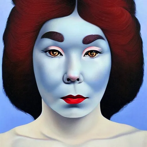 Prompt: very detailed portrait of bjork wearing dramatic makeup. painted by rene magritte, 1 9 2 7. oil on canvas.