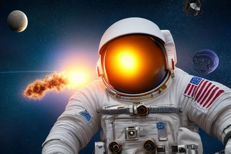 Image similar to astronaut in space wearing a spacesuit floating, meteor hitting earth in background, highly detailed, photorealistic portrait, bright studio setting, studio lighting, crisp quality and light reflections, unreal engine 5 quality render