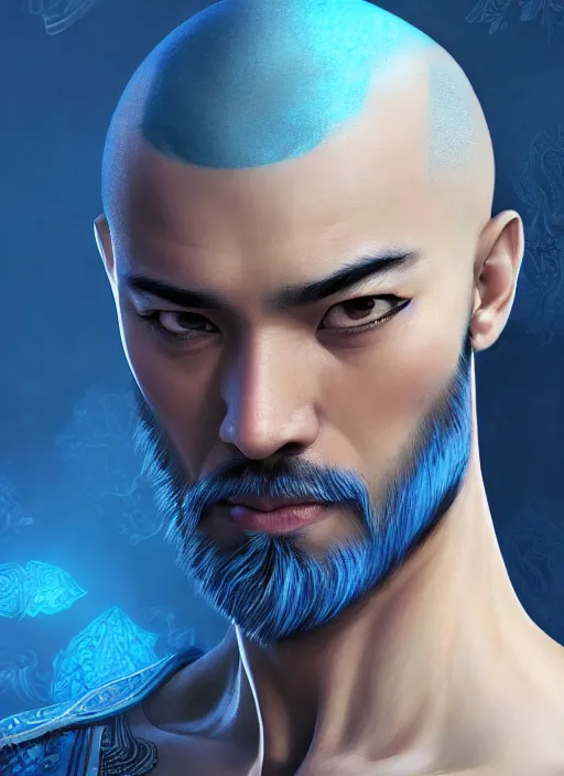 Image similar to bald male martial artist with a ponytail at the top of his head!!! asian facial features and blue eyes!! intricate ornate blue robes!! character concept art, sharp focus, octane render! unreal engine 5! highly rendered!! trending on artstation!! detailed linework!! illustration by artgerm, wlop, and chie yoshii