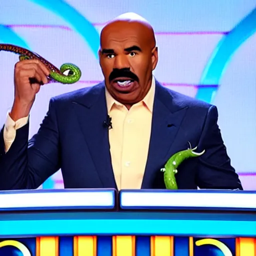 Image similar to steve harvey with horrifying tentacle arms and snake moustache, hosting family feud