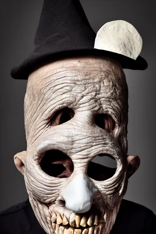 Prompt: portrait photo of an old wrinkled man, skinny face, bony face, long crooked nose, large gaping mouth, black pulcinella mask, masquerade mask, pointy conical hat, white wrinkled shirt, holding up a pizza, presenting a large pizza, close - up, skin blemishes, menacing, intimidating, masterpiece by paola agosti