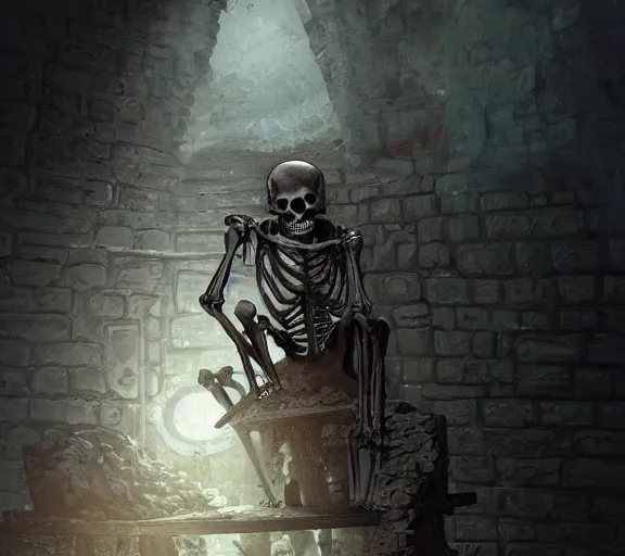 Image similar to close up of a skeleton chained up in a corner of an old, abandoned dungeon, detailed skeleton. Atmospheric lighting, By Makoto Shinkai, Stanley Artgerm Lau, WLOP, Rossdraws, James Jean, Andrei Riabovitchev, Marc Simonetti, krenz cushart, Sakimichan, D&D trending on ArtStation, digital art.