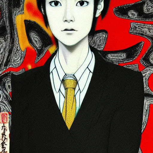 Image similar to yoshitaka amano blurred and dreamy realistic three quarter angle portrait of a young woman with short hair and black eyes wearing office suit with tie, junji ito abstract patterns in the background, satoshi kon anime, noisy film grain effect, highly detailed, renaissance oil painting, weird portrait angle, blurred lost edges