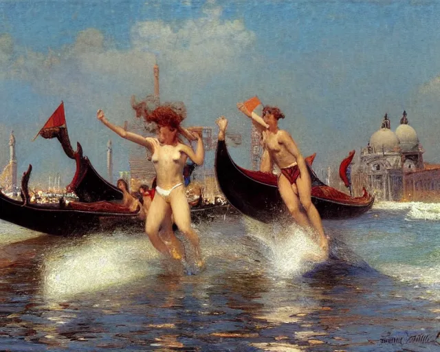 Prompt: dolphins swimming and jumping in venice, painting by gaston bussiere, craig mullins, j. c. leyendecker