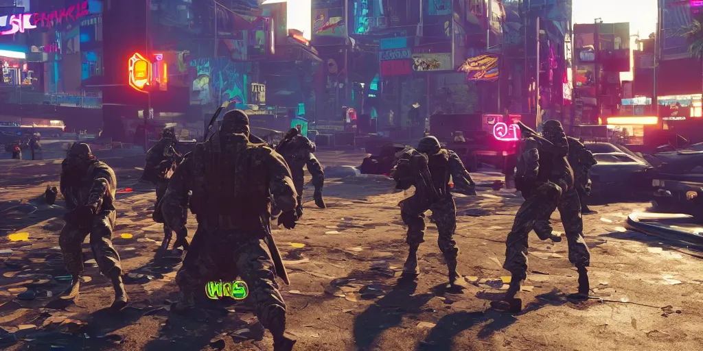 Prompt: ninja turtles escape and two military ( american uniform ) ran to sound the alarm and all the turtles began to descend the water slides, style cyberpunk 2 0 7 7, anime fight, 4 k,