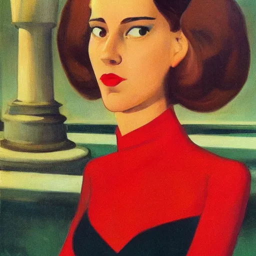 Prompt: highly detailed propaganda poster portrait of the leader of fascist hungary, barbara palvin looking into the distance, fashion items in the background, by edward hopper