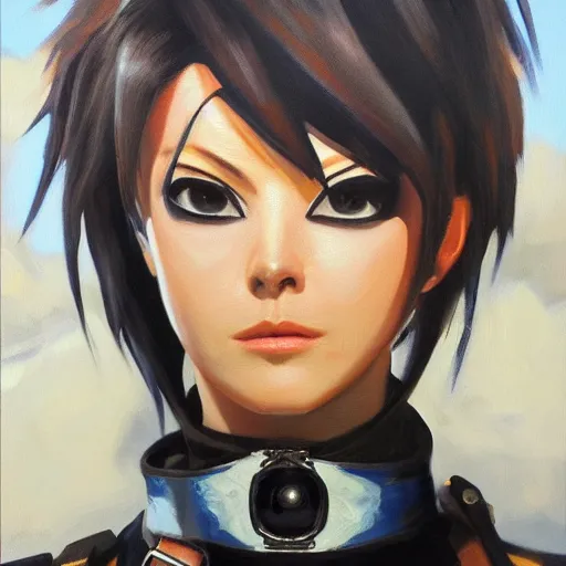 Image similar to oil painting of tracer overwatch in a field wearing very large black leather belt choker collar around neck, in style of mark arian, expressive face, very detailed face, very detailed eyes, belt around neck, full body, feminine face, tracer overwatch,