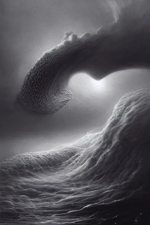 Prompt: A stunning highly detailed Shoggoth by Zdzisław Beksiński, stormy ocean, beautiful volumetric lighting, detailed swirling water tornado, white water, artstation