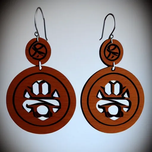 Image similar to 2 d wood lasercut earrings, mystical symbols, 8 k, hd, trending on artstation, trending on deviantart, trending on etsy, epic digital art