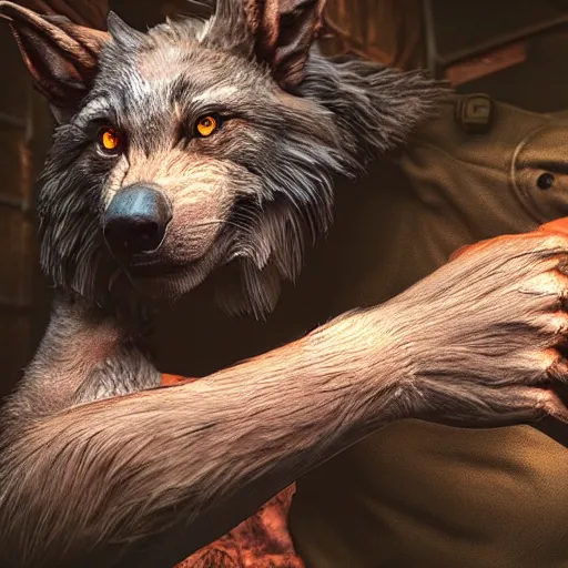 Image similar to hyper realistic werewolf hidden in the dark. higly detailed. deep dark cabin in the woods. unreal engine 5