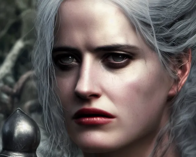 Prompt: 5 5 mm portrait photo of a real life tough looking eva green as ciri in leather armor with silver hair and a large scar along her left cheek, in a magical forest. dark atmosphere. art by greg rutkowski. highly detailed 8 k. intricate. lifelike. soft light. nikon d 8 5 0.