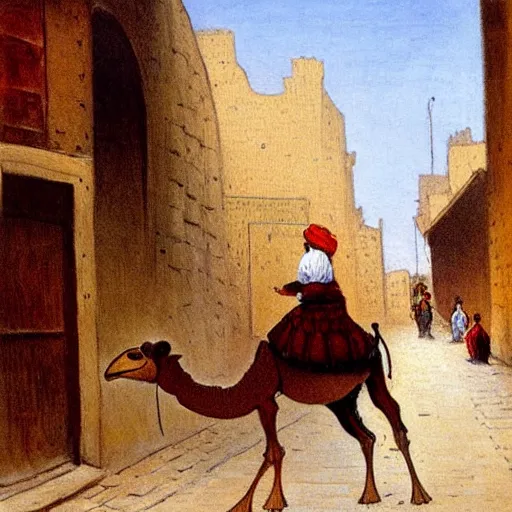 Prompt: An expressionistic painting of a mouse Riding a camel through a narrow street in london, (1885)