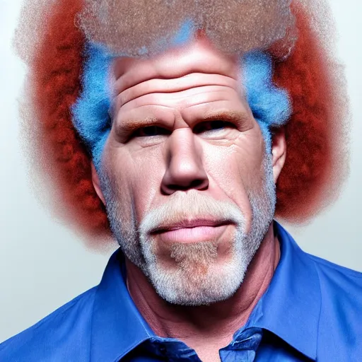 Prompt: ron perlman with a giant red curly afro with a handlebar mustache while wearing a light - blue collared shirt in the foreground, a blank canvas is right behind him, with a void white background, realistic, hyperrealistic, 8 k resolution, hd quality, very detailed, highly detailed, intricate details, real life, real world, trending on artstation