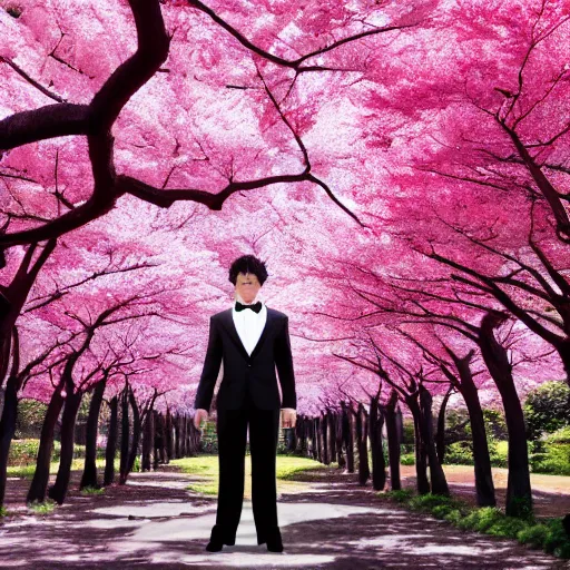 Image similar to ultrawide photo of goku wearing tuxedo standing in front of sakura trees, highly detailed, 8 k