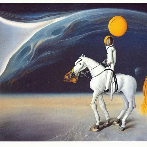 Prompt: a horse rides an astronaut, by dali