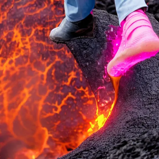 Prompt: a barefoot man walking over lava holding a glass with ice and wearing a pink hat