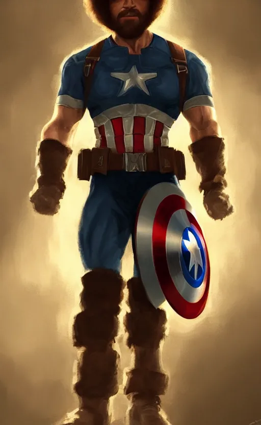 Image similar to bob ross as captain america, dynamic lighting, cinematic, ultra detailed, trending on art station, stunning visuals, creative, fantasy concept art