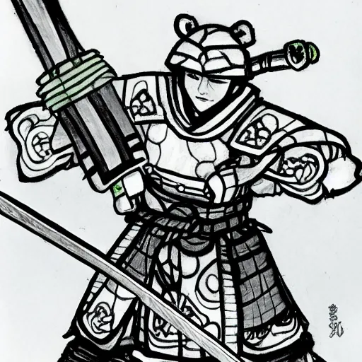 Image similar to a determined polar bear shogun drawing his sword, anime style