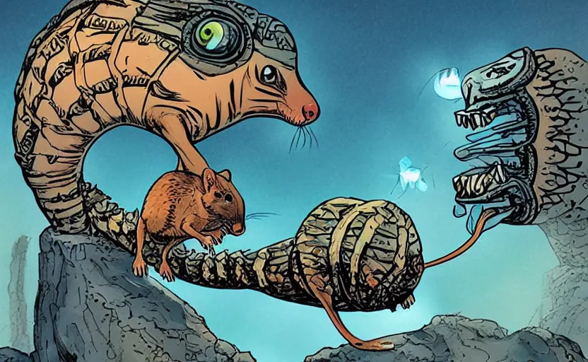 Image similar to incredible eye catching comic panel showing a desert mouse riding a sandworm of the deep desert