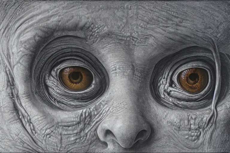 Image similar to her eyes wide by zdzisław beksiński, jeffrey smith and h.r. giger, oil on canvas, XF IQ4, f/1.4, ISO 200, 1/160s, 8K, RAW, unedited, symmetrical balance, in-frame