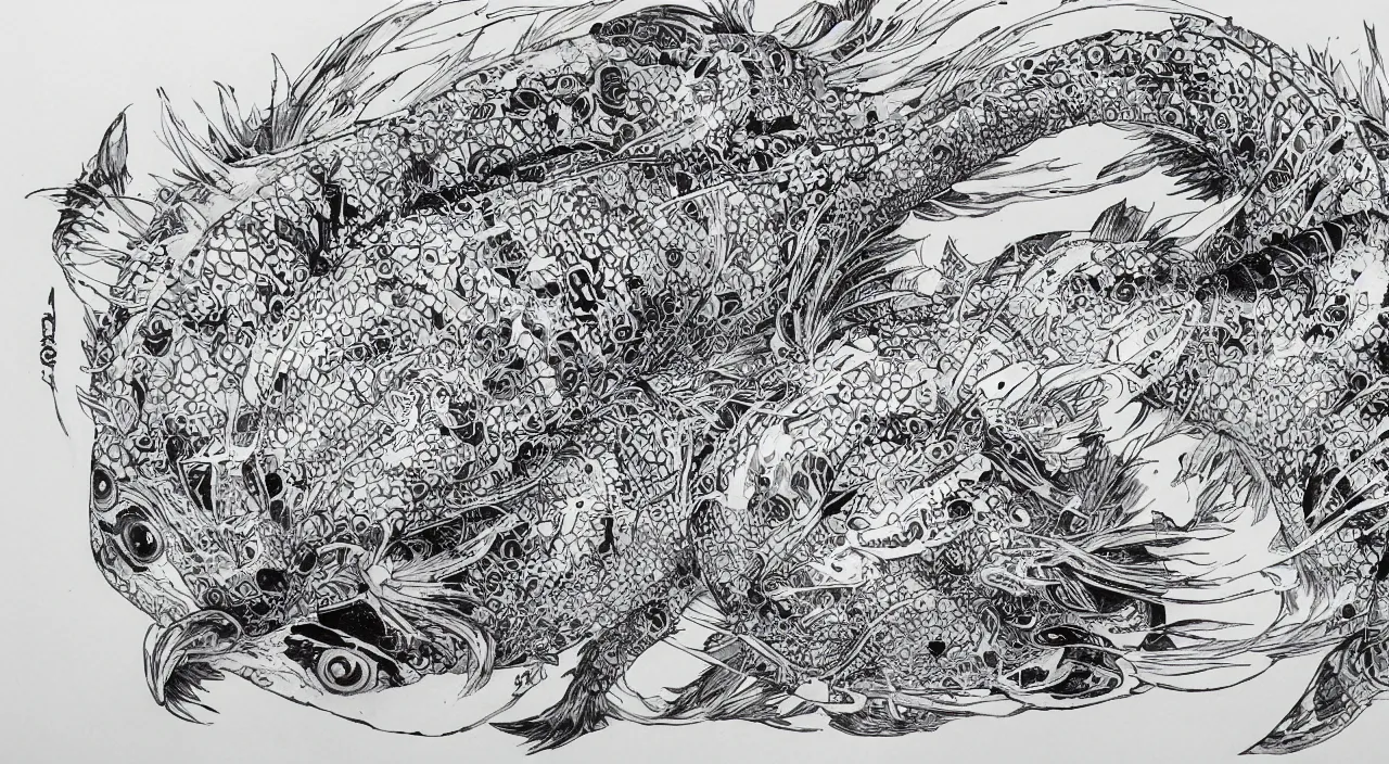 Image similar to Transformation of koi into a tiger, by fish eye lens perspective, ink on paper by Kim Jung Gi