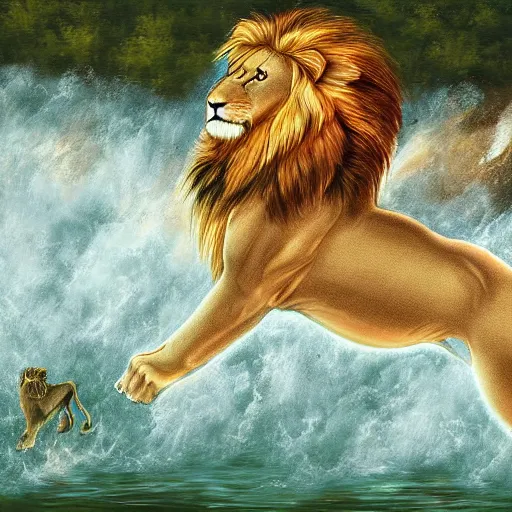 Prompt: a massive lion diving into a river to catch fish, digital art, dramatic painting