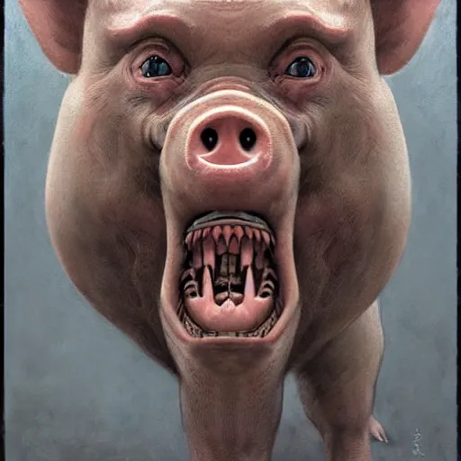 Image similar to anthropomorphic pig, vladimir putin pig hybrid, pig putin face mix, transformation, macabre, horror, by donato giancola and greg rutkowski and wayne barlow and zdzisław beksinski, realistic face, visible face, digital art