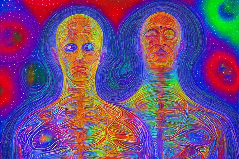 Image similar to digital art of a spiritual man looking up at the stars, glowing light, acrylic art, universe, painting, pastel colors, alex grey,