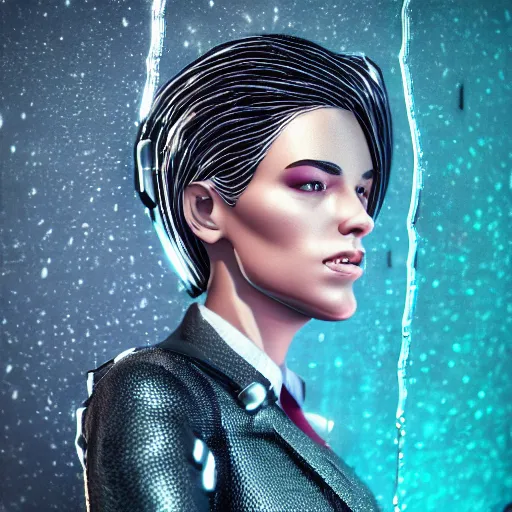 Prompt: stylish woman cartoon portrait made out of rain, pinstripe suit, wearing a shiny metal crown, cyberpunk background, rendered in octane, unreal engine, highly detailed, trending on artstation, realistic, neon, beautiful