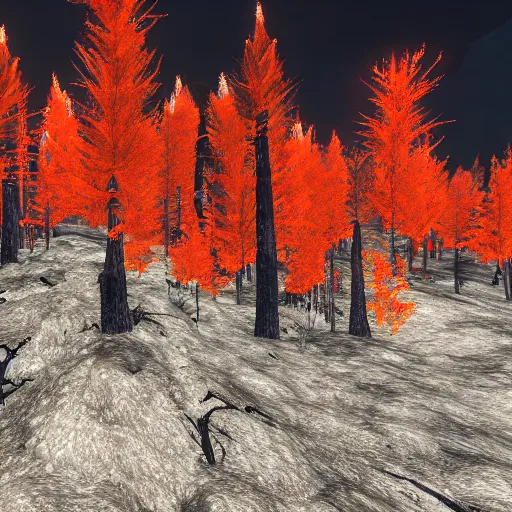 Prompt: a stunning screenshot of a magma forest with fire trees in Skyrim