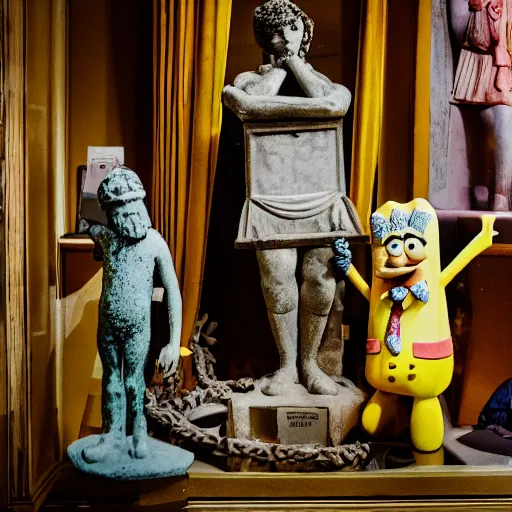 Prompt: spongebob squarepants, a statue from ancient rome in a museum, 8 k photography, 3 5 mm f / 1. 2